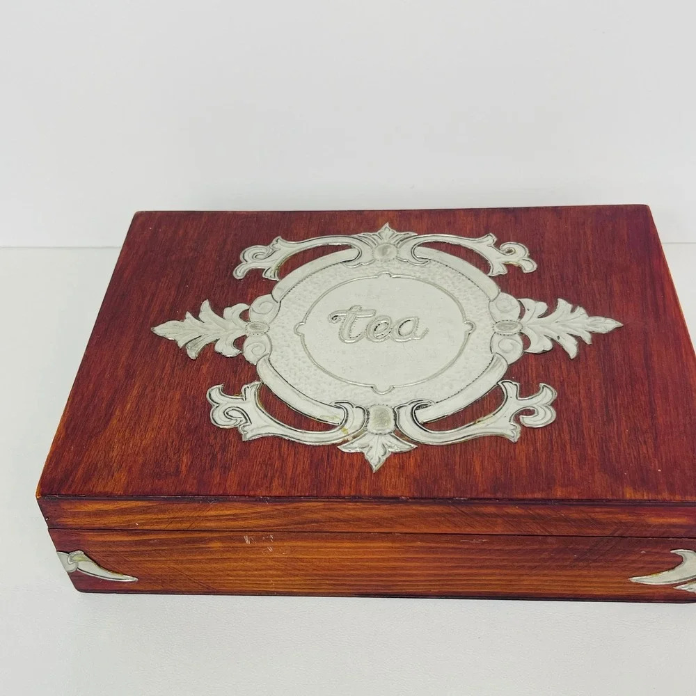 Vintage Wood Tea Storage Box Chest Brown Silver Embossed Metal Overlay Divided